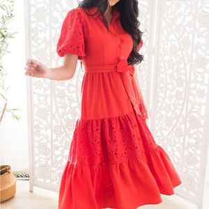 Flying Tomato Red Lace Midi Dress